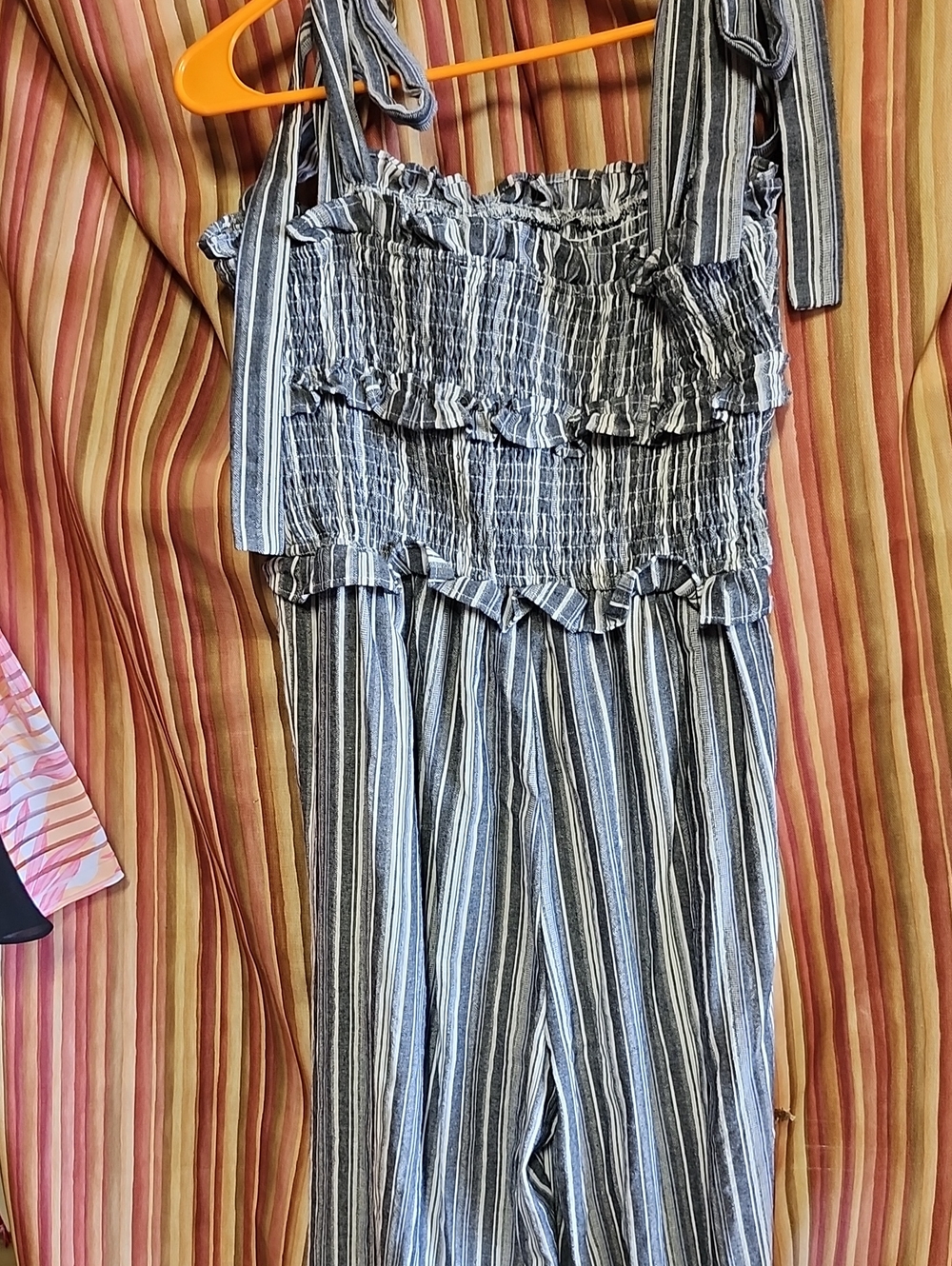 Kittenish Navy, White and Gray Striped Wide-Leg Jumpsuit
